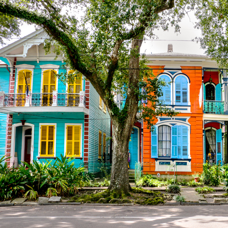 Two colorful houses in the New Orleans architectural style sit along a tree-lined street.