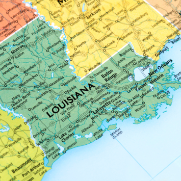 A map of the United States is zoomed in on Louisiana.