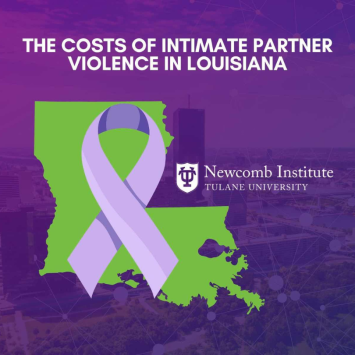 A graphic with the state of Louisiana and a purple ribbon with the text of "The Costs of Intimate Partner Violence in Louisiana"