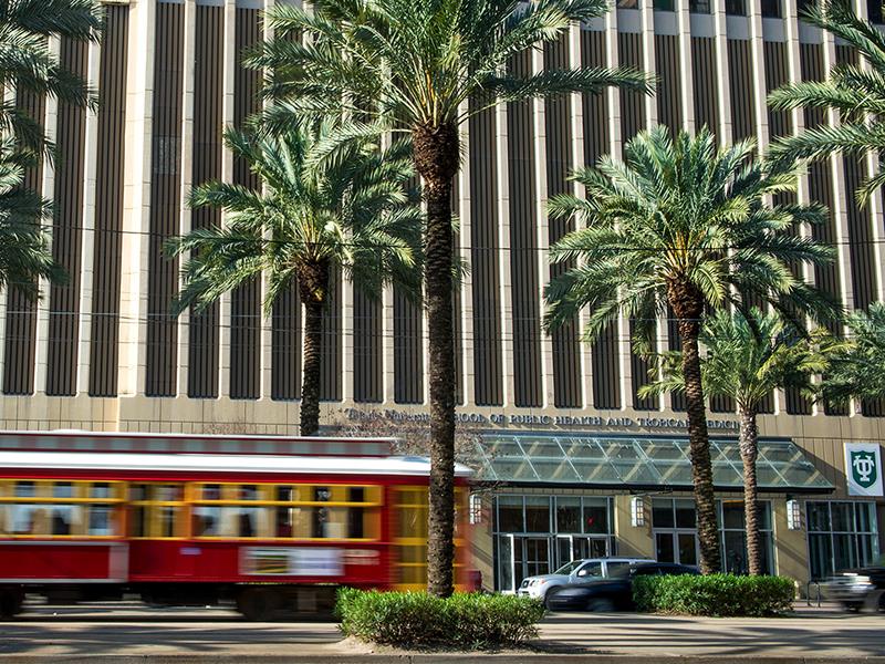 The front of the Celia Scott Weatherhead School of Public Health and Tropical Medicine at Tulane University on Canal Street in Downtown New Orleans.